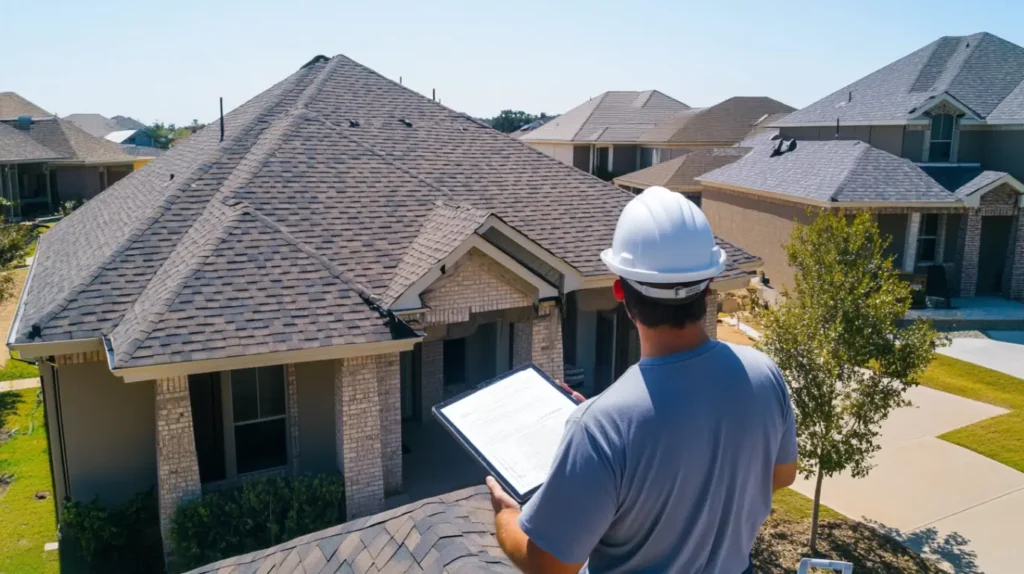 An inspector wearing a white hard hat holds a tablet while looking out over the large, complex roof of a suburban house.