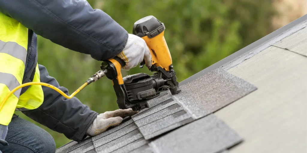 A worker using a yellow pneumatic nail gun to install grey asphalt shingles on a roof.