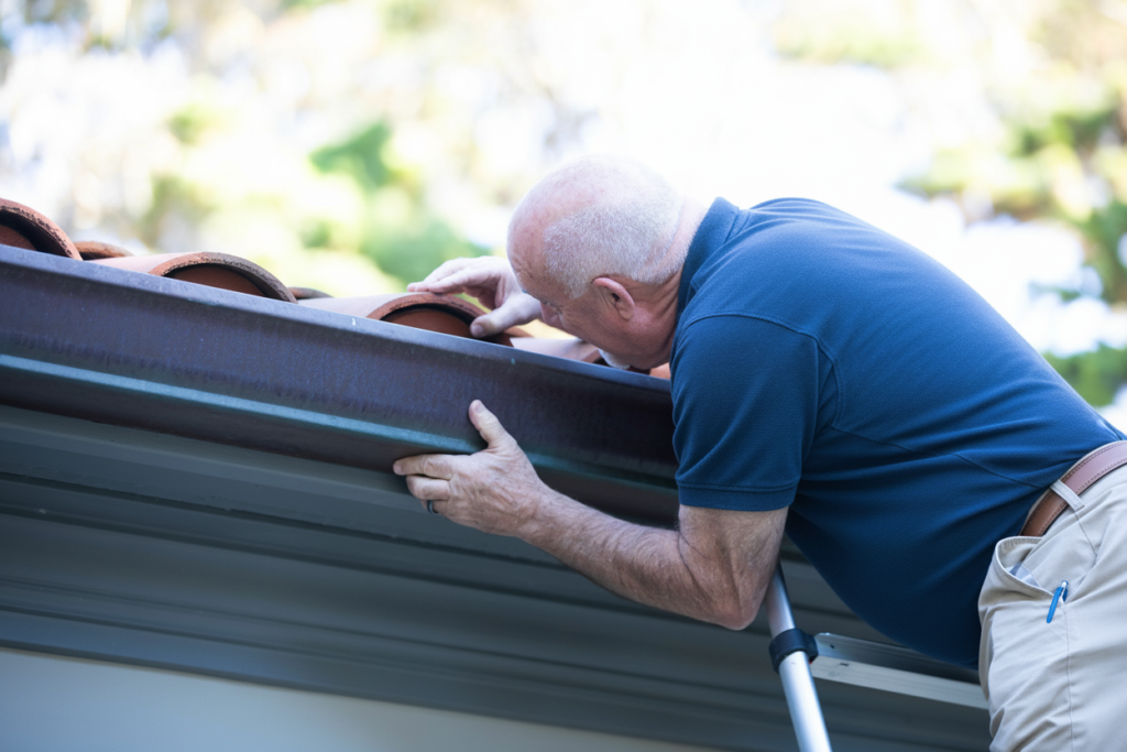 A man on a ladder closely inspecting the gutter and terra cotta roof tiles of a house.
