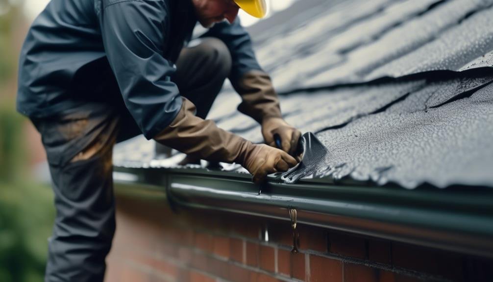 A worker in a yellow hard hat and gloves repairs a wet, shingled roof near a gutter.